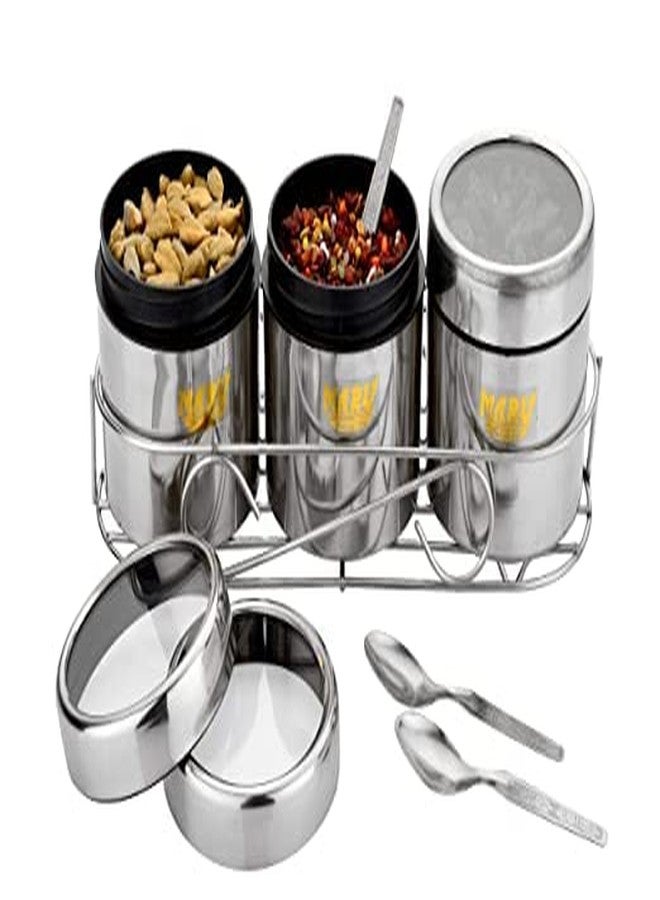MARU 3 IN 1 Stainless Steel Masala Container For Kitchen, Multipurpose Organizer With Wire Stand & 3 Spoon Set, Spice Storage Box, Durable Kitchen Storage Solutions For Spices & Essentials, Silver - Image 1